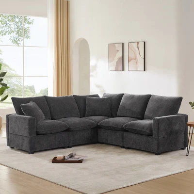 84" x 84" Modern L Shape Modular Sofa with 2 Pillows, Black+Grey
