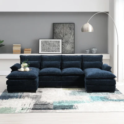 Modern U-Shaped 6-Seat Sectional Sofa with Chaise Lounge, Blue