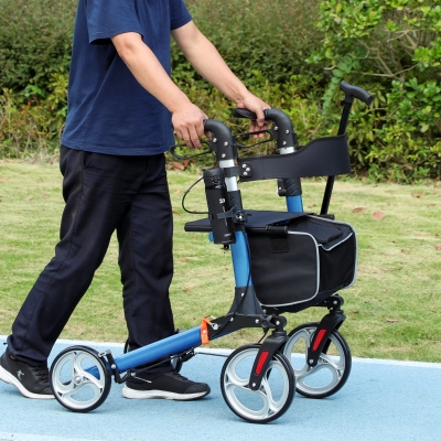 HOMCOM Lightweight Folding Rolling Walker with Large Seat, Back, Adjustable Handle, Bag, Dual Brake, Cane Holder, Blue