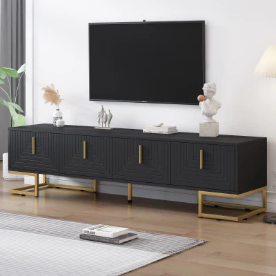 Modern TV Stand with Metal Legs and Gold Handles for TVs Up to 80", Black+Gold
