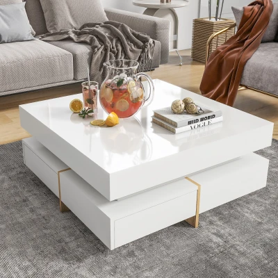 Modern High Gloss Coffee Table with 4 Drawers, White