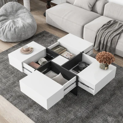 Unique Design Coffee Table with 4 Hidden Storage Compartments, White