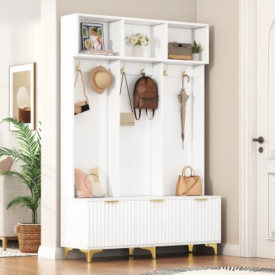 Modern Hall Tree with Bench, White+Gold