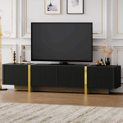 Luxury Fluted TV Stand with Storage Cabinets & Drawers, Black