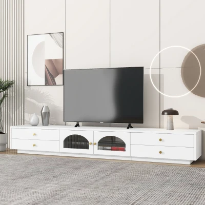 Luxurious TV Stand with Fluted Glass Doors, White