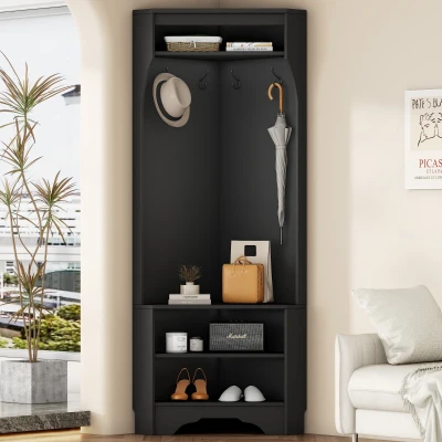 Minimalist Corner Hall Tree with Shoe Bench, Black