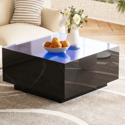 Square High Glossy Coffee Table with 16-Color LED Strip Lights, Black