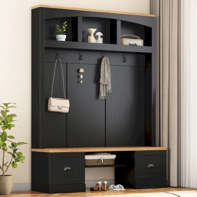 Farmhouse 4-in-1 Hall Tree with Bench and Adjustable Shelves, Black