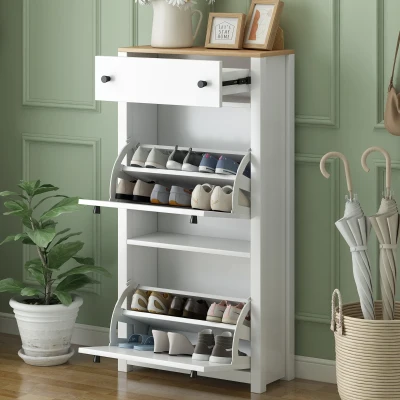 Functional Shoe Cabinet with 2 Flip Drawers, White