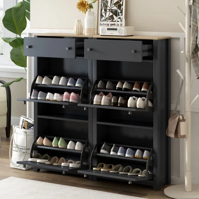 Modern Slim Shoe Cabinet Set with 4 Flip Drawers, Black