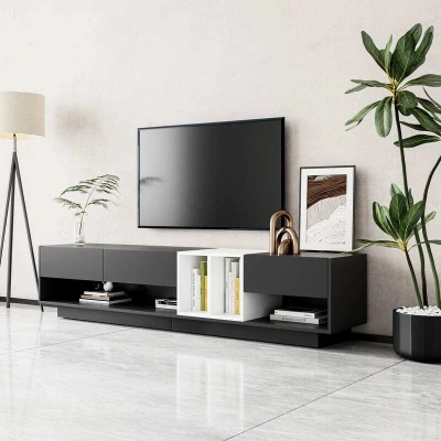 Functional TV Stand with Open and Hidden Storage, Black
