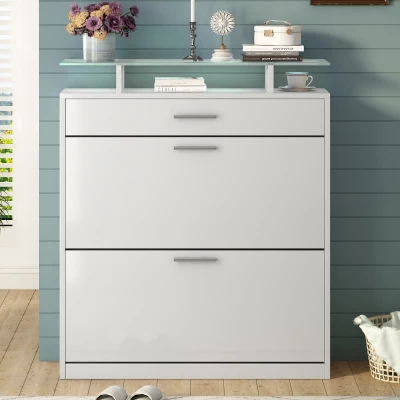 Shoe Cabinet with 2 Flip Drawers and Adjustable Shoe Storage, White
