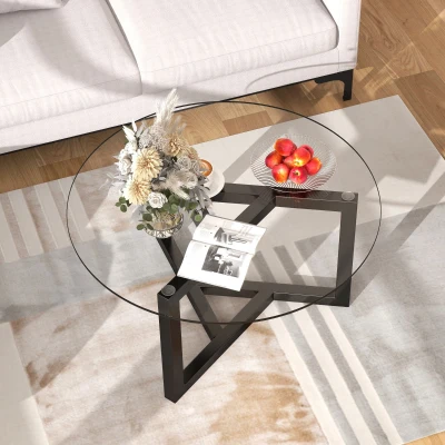 Round Coffee Table with Tempered Glass Top and Sturdy Wood Base, Black