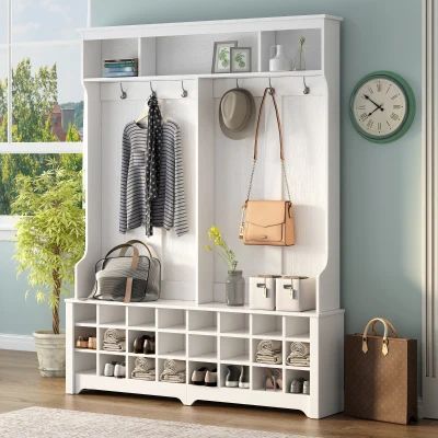 60" Modern Wide Hall Tree with Metal Hooks, White