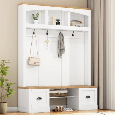 Farmhouse 4-in-1 Hall Tree with Bench and Adjustable Shelves, White