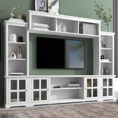 Modern Multifunctional TV Stand for TVs Up to 70" with Glass Door and Bridge, White