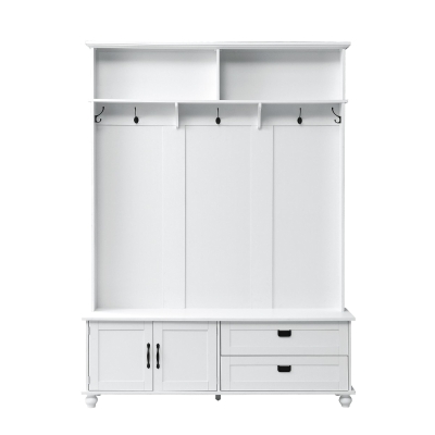 Modern Hall Tree with Storage Cabinet and 2 Large Drawers, White