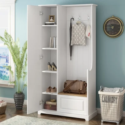 Hall Tree with Flip-Up Bench, White