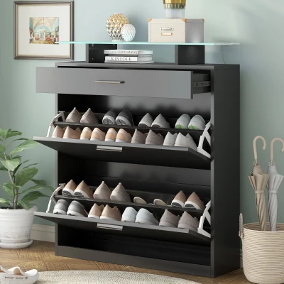Shoe Cabinet with 2 Flip Drawers and Adjustable Shoe Storage, Black