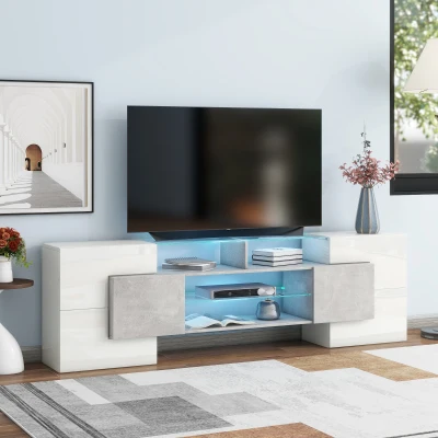 Unique Shape TV Stand for TVs Up to 88" with 2 Illuminated Glass Shelves, Grey