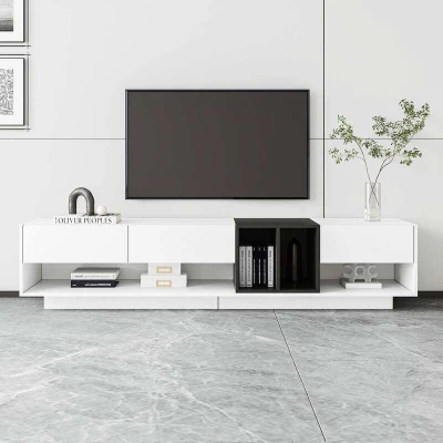 Functional TV Stand with Open and Hidden Storage, White