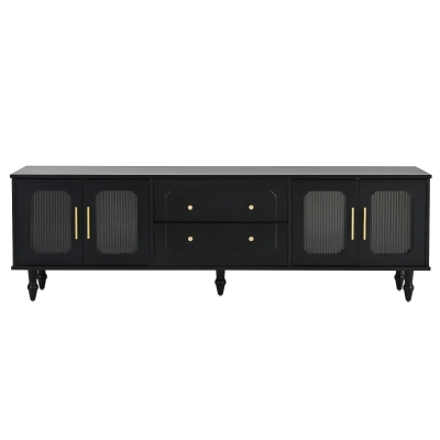 Retro Design TV Stand with Fluted Glass Doors, Black