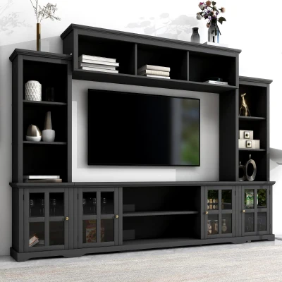 Modern Multifunctional TV Stand for TVs Up to 70" with Glass Door and Bridge, Black