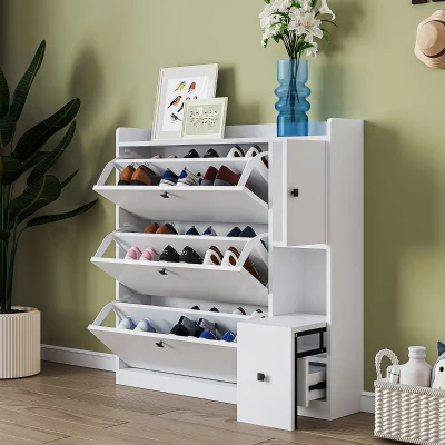 Versatile Shoe Cabinet with 3 Flip Drawers, White