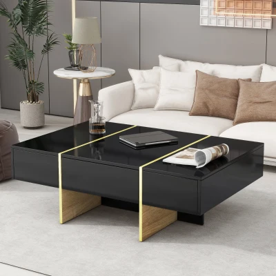 Minimalist High Gloss Coffee Table with 2 Drawers, Black