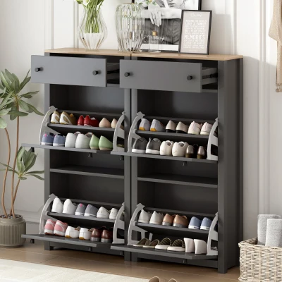 Modern Slim Shoe Cabinet Set with 4 Flip Drawers, Grey