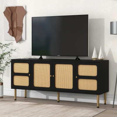 Boho Style TV Stand for TVs Up to 70" with Rattan Door, Black
