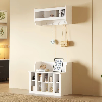 Shoe Cabinet Storage with Shelves and 4 Hooks, White