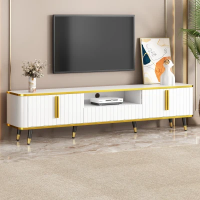 Luxury Minimalism TV Stand with Open Storage Shelf for TVs Up to 85", White+Gold