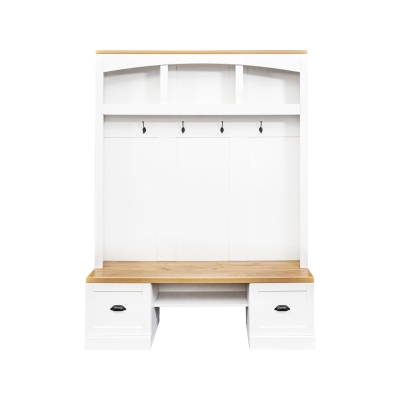 Farmhouse 4-in-1 Hall Tree with Bench and Adjustable Shelves, White