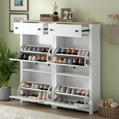 Modern Slim Shoe Cabinet Set with 4 Flip Drawers, White