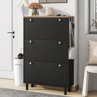 Narrow Design Shoe Cabinet with 3 Flip Drawers, Black