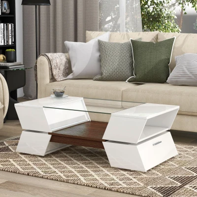 Glass-Top Coffee Table with Open Shelves and Cabinets, White