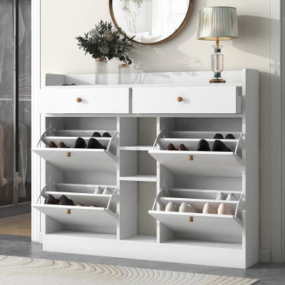 Modern Shoe Cabinet with 4 Flip Drawers, White