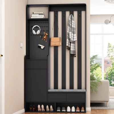 Contemporary Hall Tree with Cushioned Storage Bench, Black
