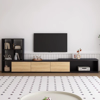 Extendable TV Stand with 3-Tier Bookshelves, Black
