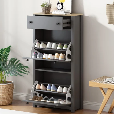 Functional Shoe Cabinet with 2 Flip Drawers, Grey