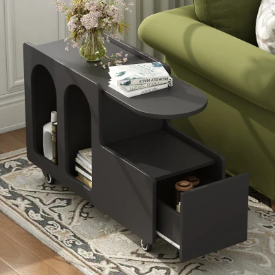 Mobile Multi-Layer Storage End Table with Lockable Wheels, Black