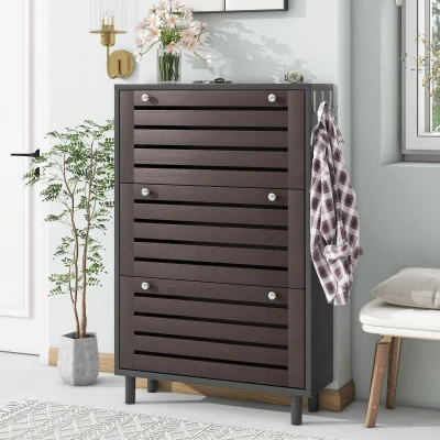 Minimalist Slim Shoe Cabinet with Hanging Hooks, Black