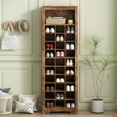 Contemporary Shoe Cabinet with 30 Cubbies, Rustic Brown
