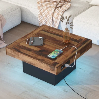 Farmhouse Wood Coffee Table with 2 USB Ports and Outlets, Black