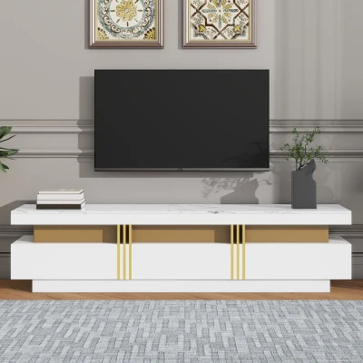 Luxury TV Stand with High Gloss Faux Marble Top for TVs Up to 78", White+Gold