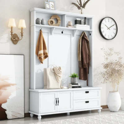 Modern Hall Tree with Storage Cabinet and 2 Large Drawers, White
