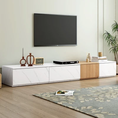 TV Stand with Faux Marble and Walnut Finish, White