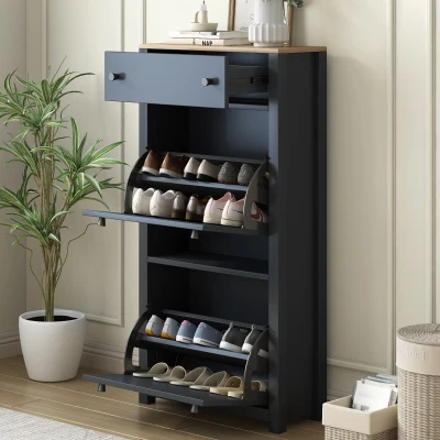 Functional Shoe Cabinet with 2 Flip Drawers, Black