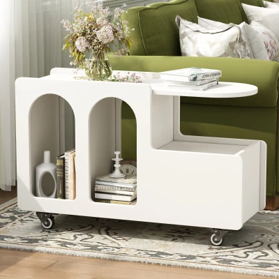 Mobile Multi-Layer Storage End Table with Lockable Wheels, White